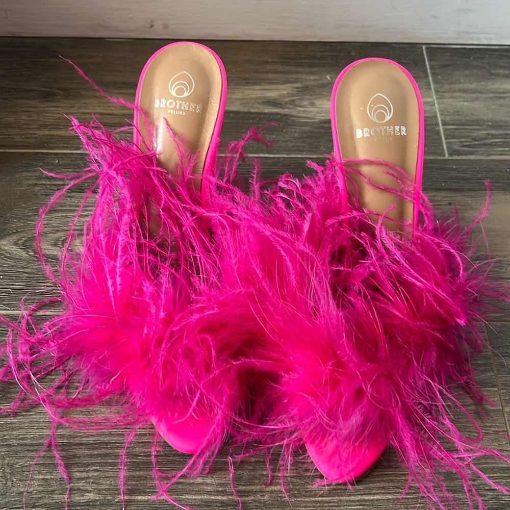 Brother Vellies pink high heel sandal mule feathers 9